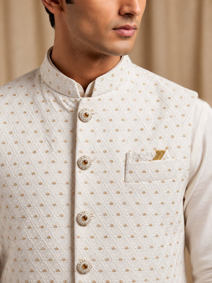 Off White Jacquard Nehru Bandi for Men