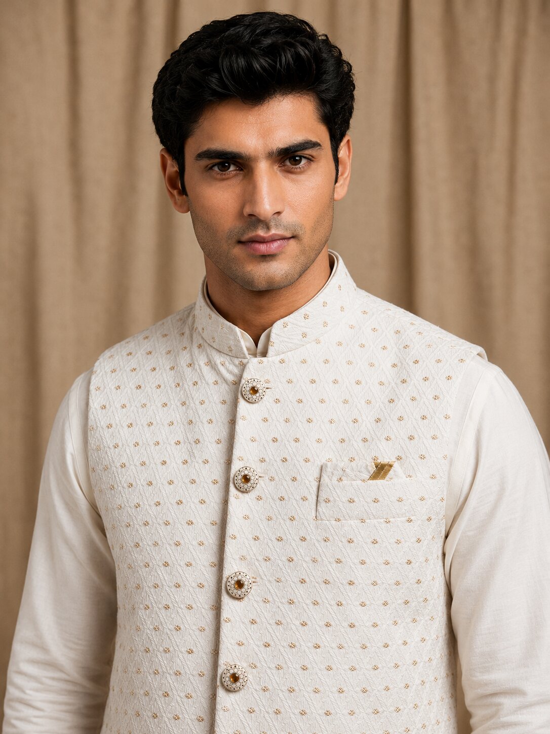 Off White Jacquard Nehru Bandi for Men