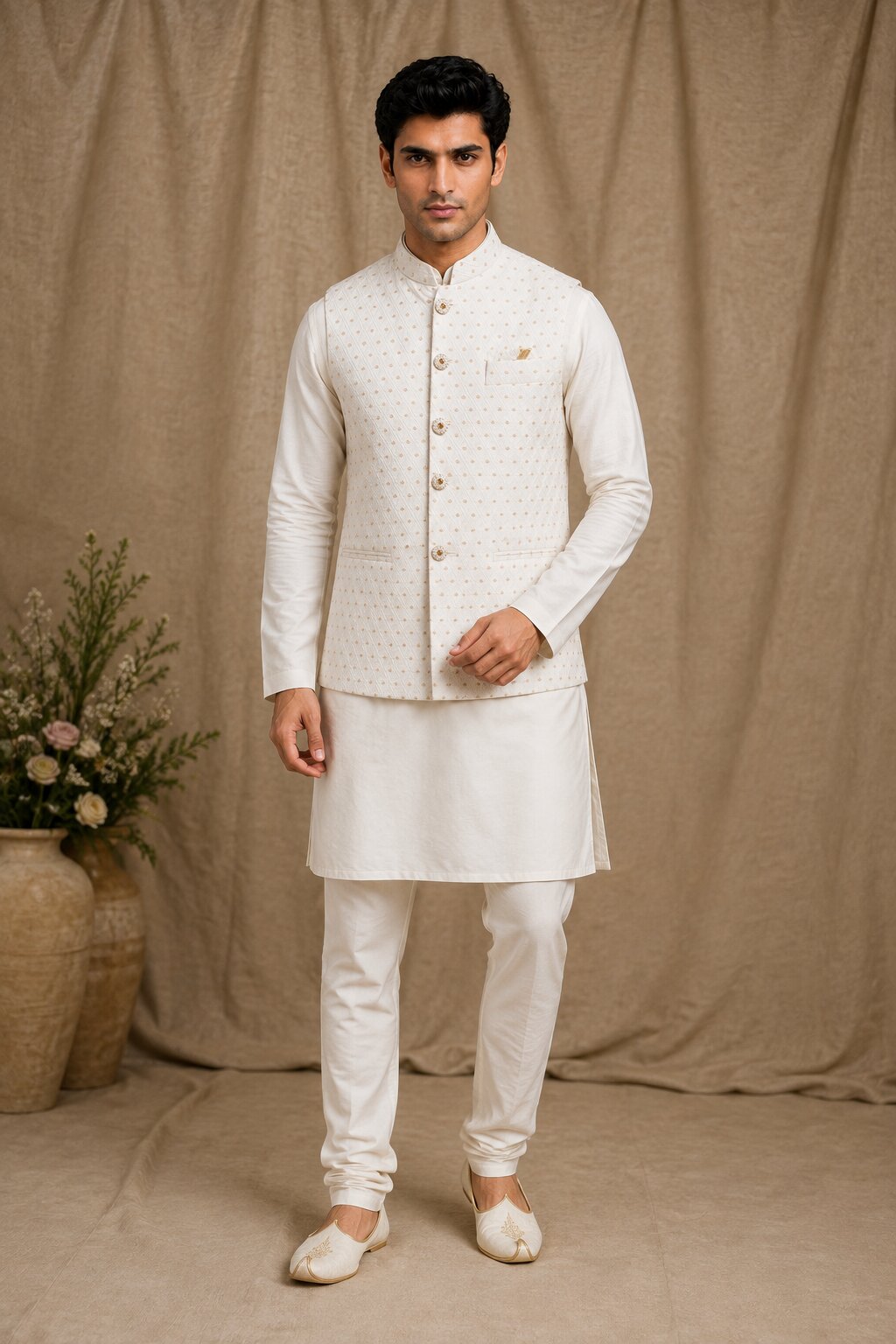 Off White Jacquard Nehru Bandi for Men