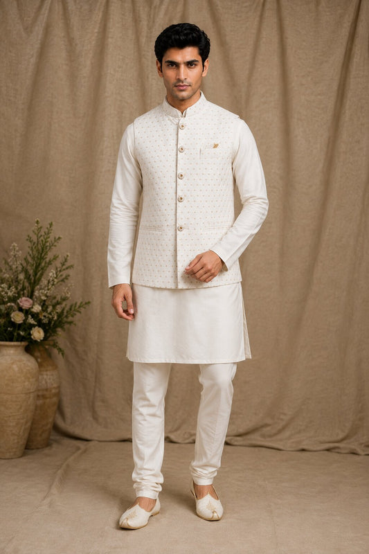 Off White Jacquard Nehru Bandi for Men