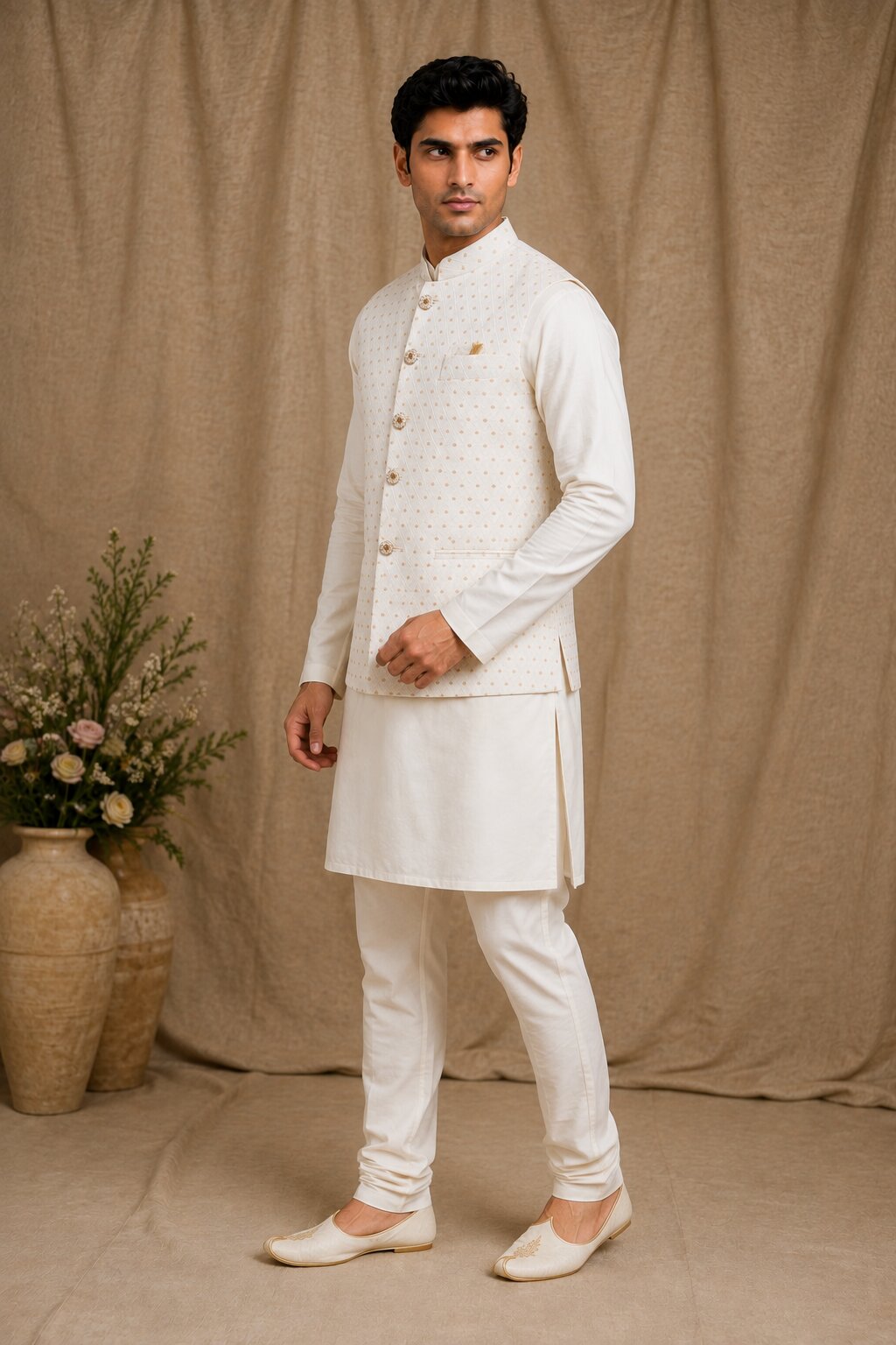 Off White Jacquard Nehru Bandi for Men
