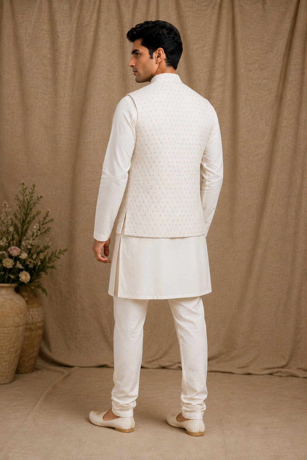 Off White Jacquard Nehru Bandi for Men
