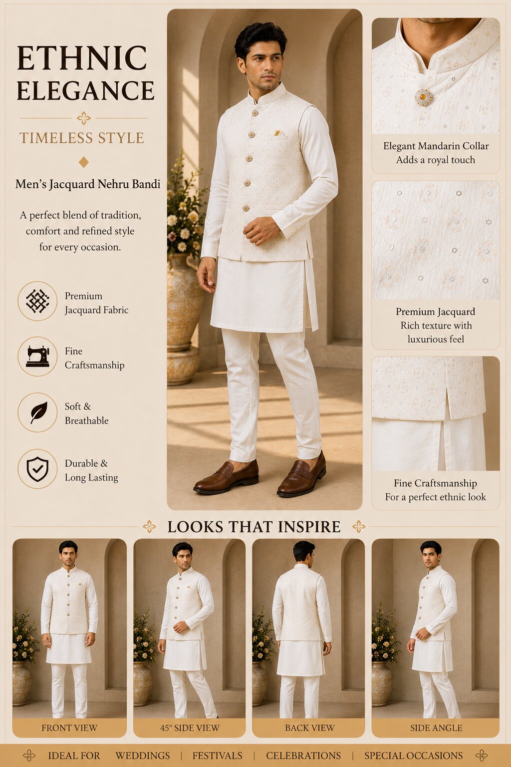 Off White Embroidered Nehru Bandi for Men