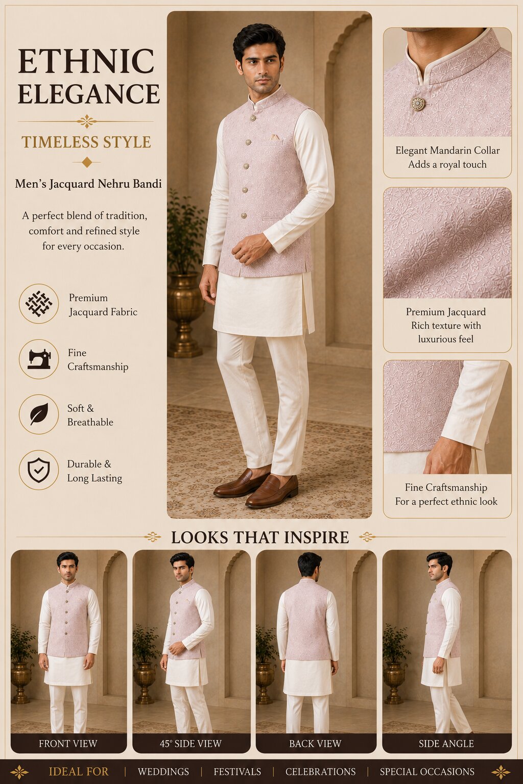 Peach Jacquard Nehru Bandi for Men
