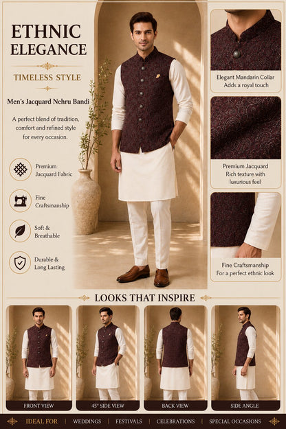 Wine Jacquard Nehru Bandi for Men