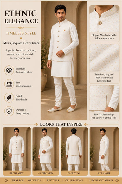 Off White Jacquard Nehru Bandi for Men