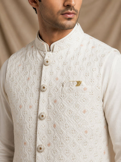 Off White Embroidered Nehru Bandi for Men