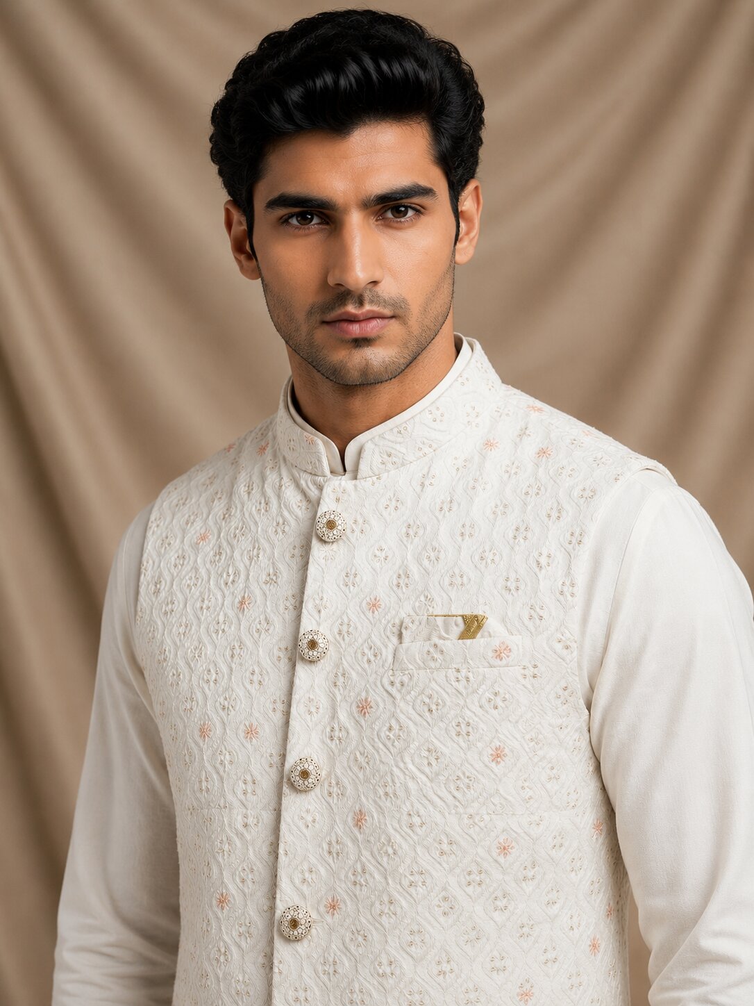 Off White Embroidered Nehru Bandi for Men