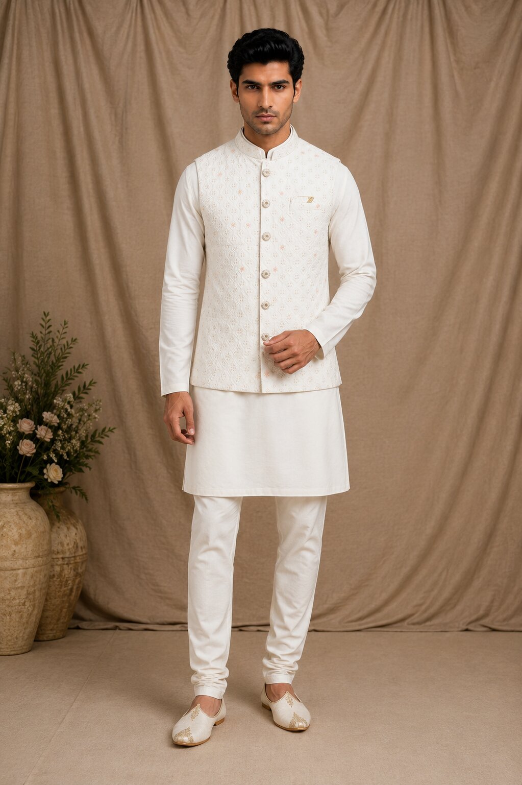 Off White Embroidered Nehru Bandi for Men