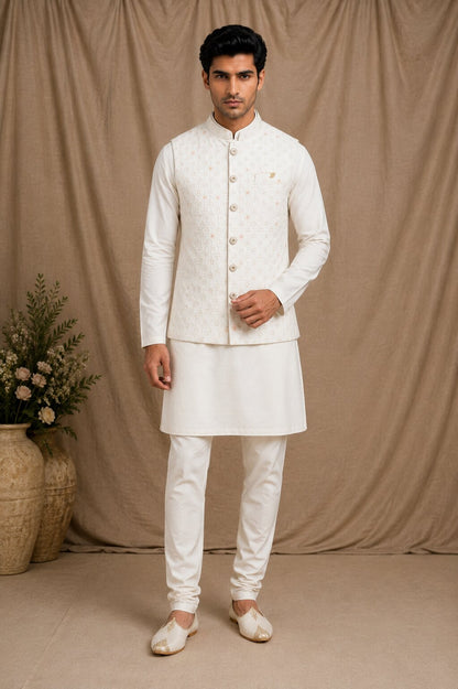 Off White Embroidered Nehru Bandi for Men