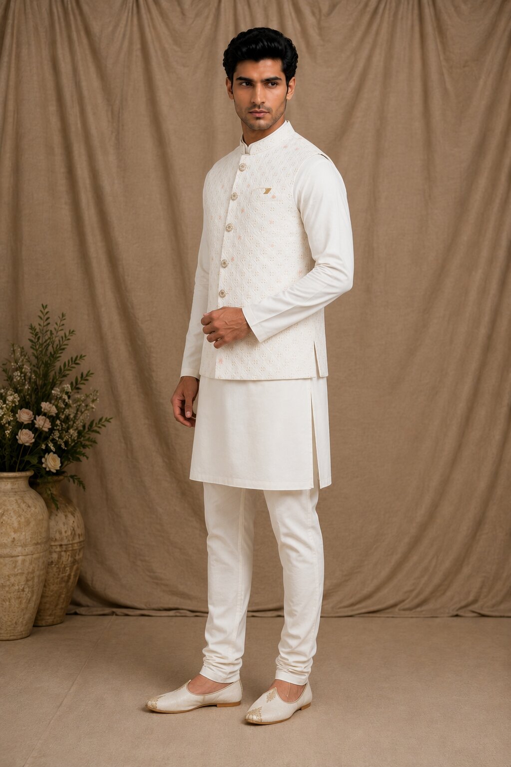 Off White Embroidered Nehru Bandi for Men