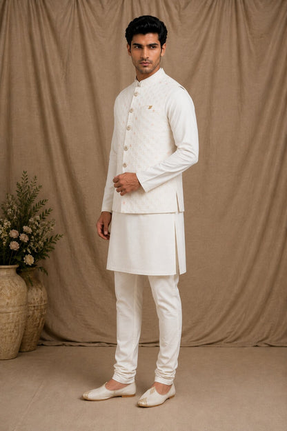 Off White Embroidered Nehru Bandi for Men