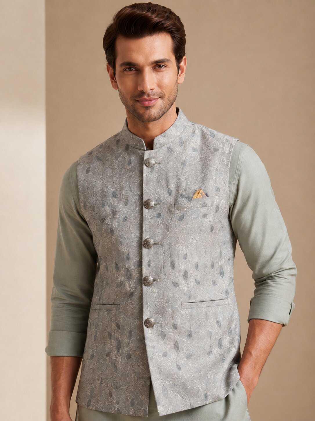 Light Grey Jacquard Nehru Bandi for Men
