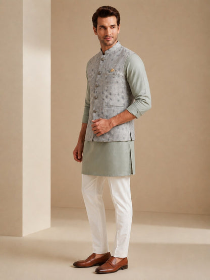 Light Grey Jacquard Nehru Bandi for Men