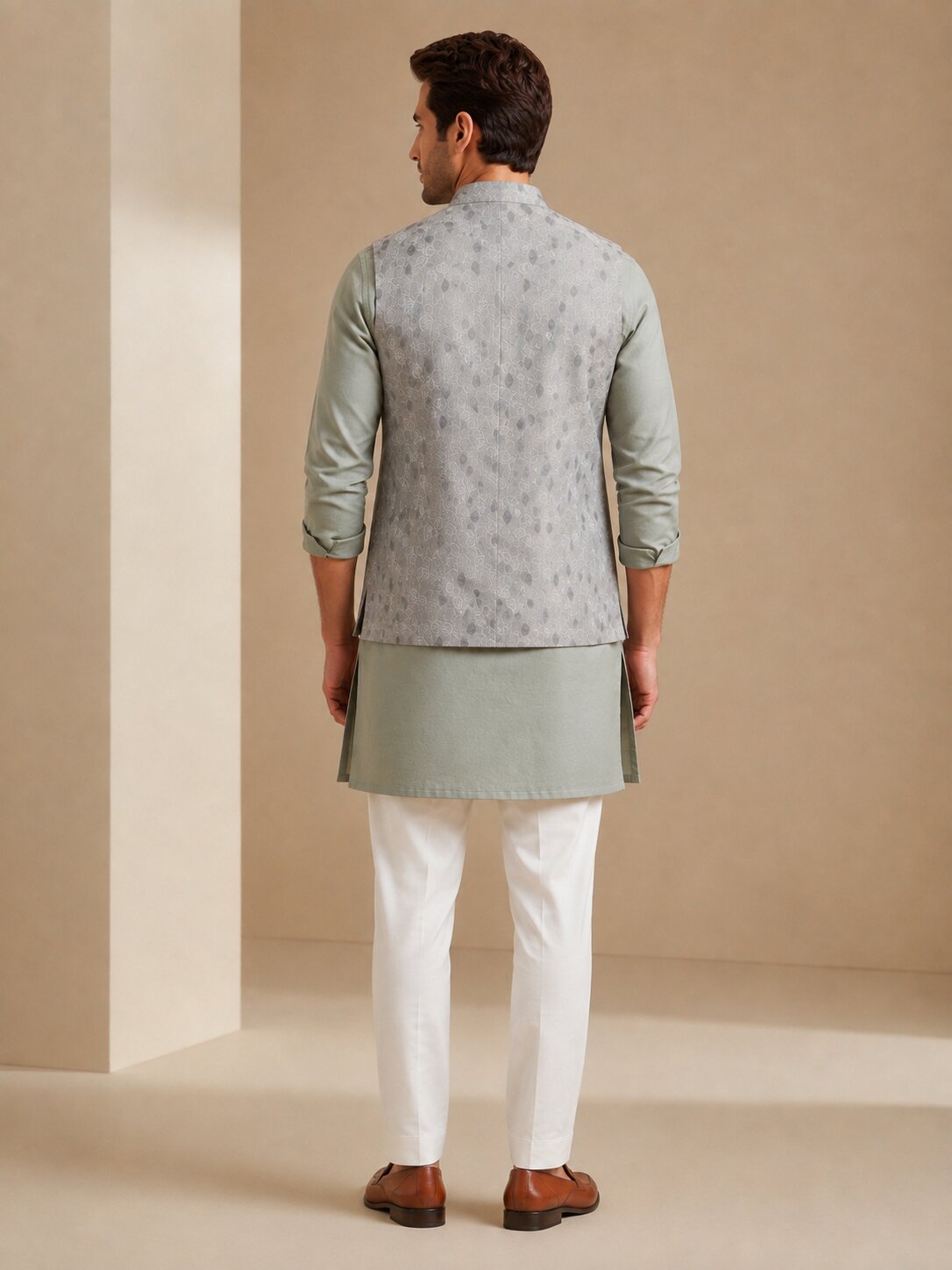 Light Grey Jacquard Nehru Bandi for Men