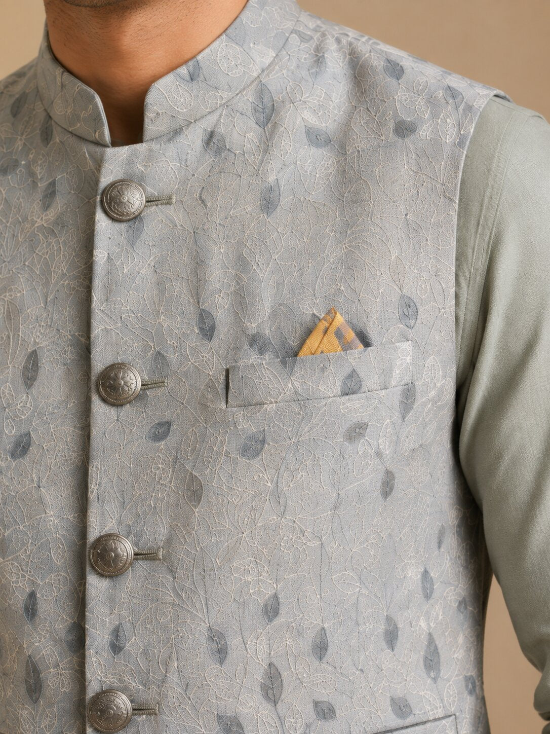 Light Grey Jacquard Nehru Bandi for Men