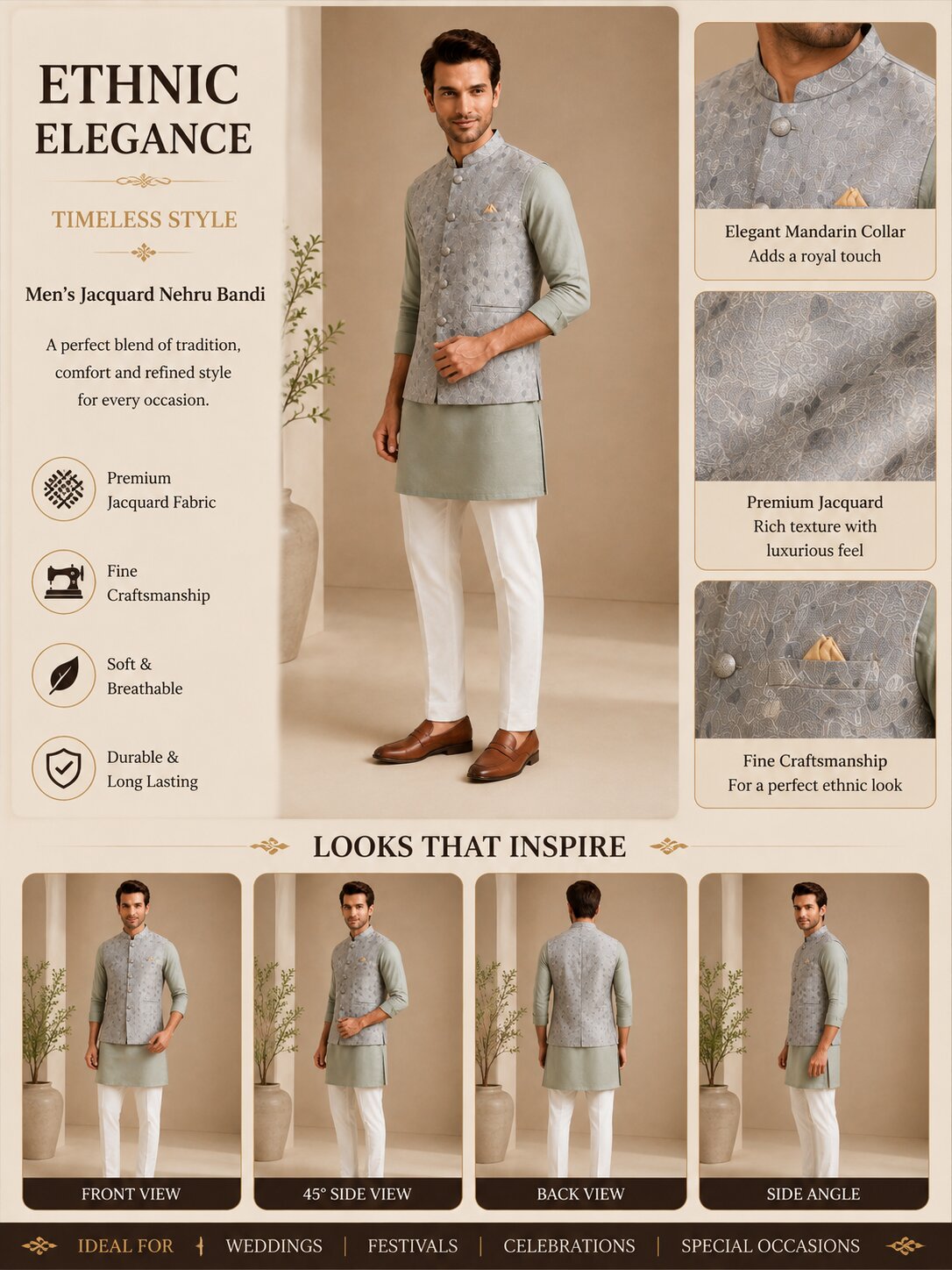 Light Grey Jacquard Nehru Bandi for Men