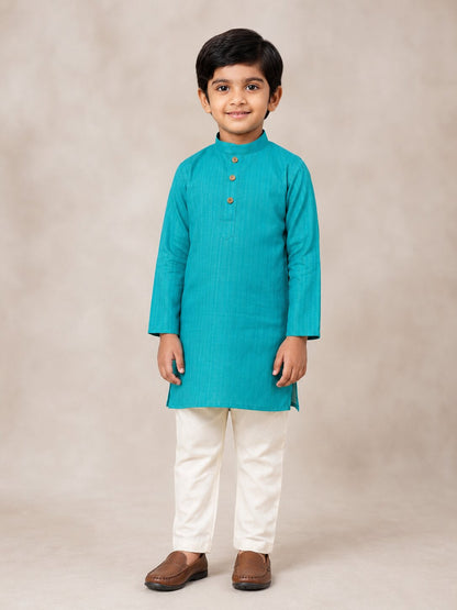 Kids Rama Blue Solid Kurta Pajama Set