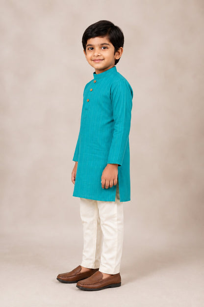 Kids Rama Blue Solid Kurta Pajama Set