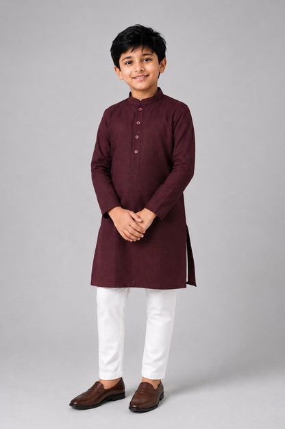 Kids Maroon Solid Kurta Pajama Set