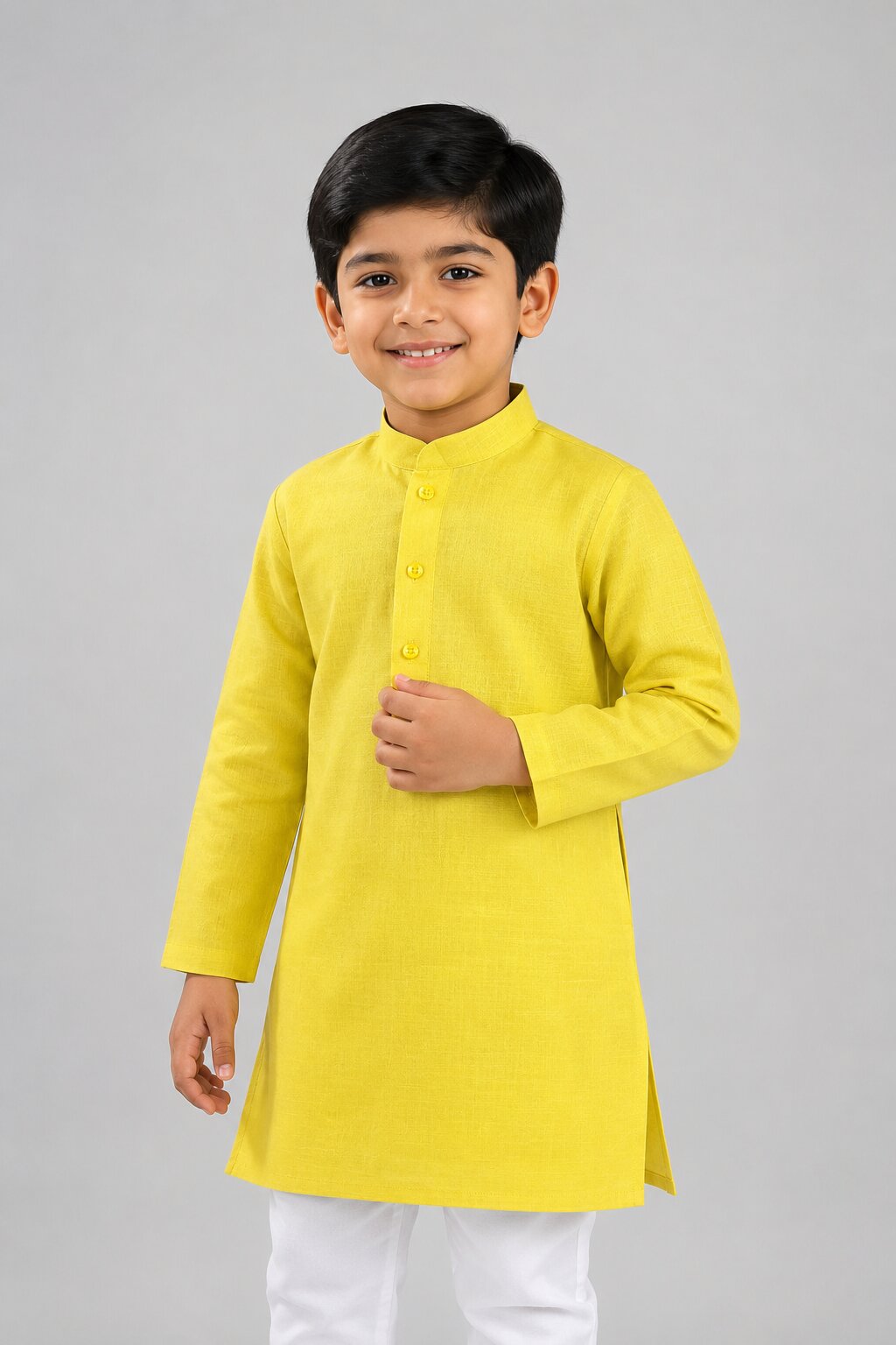 Kids Lemon Yellow Solid Kurta Pajama Set