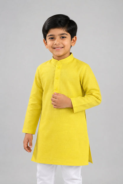 Kids Lemon Yellow Solid Kurta Pajama Set
