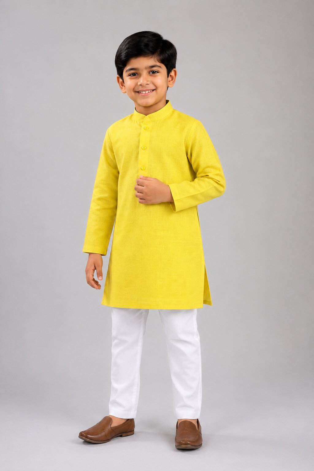 Kids Lemon Yellow Solid Kurta Pajama Set