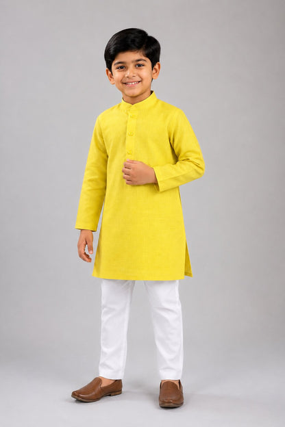 Kids Lemon Yellow Solid Kurta Pajama Set