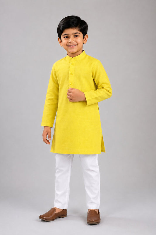 Kids Lemon Yellow Solid Kurta Pajama Set