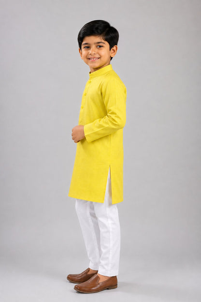 Kids Lemon Yellow Solid Kurta Pajama Set