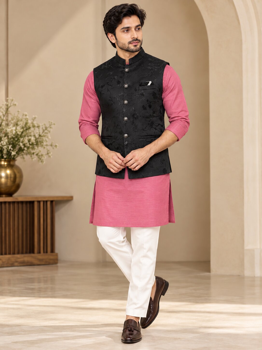 Men Premium Black Floral Jacquard Nehru Jacket (Bundi)