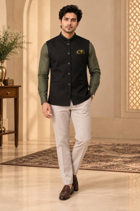 Men’s Black Solid Nehru Jacket Bundi