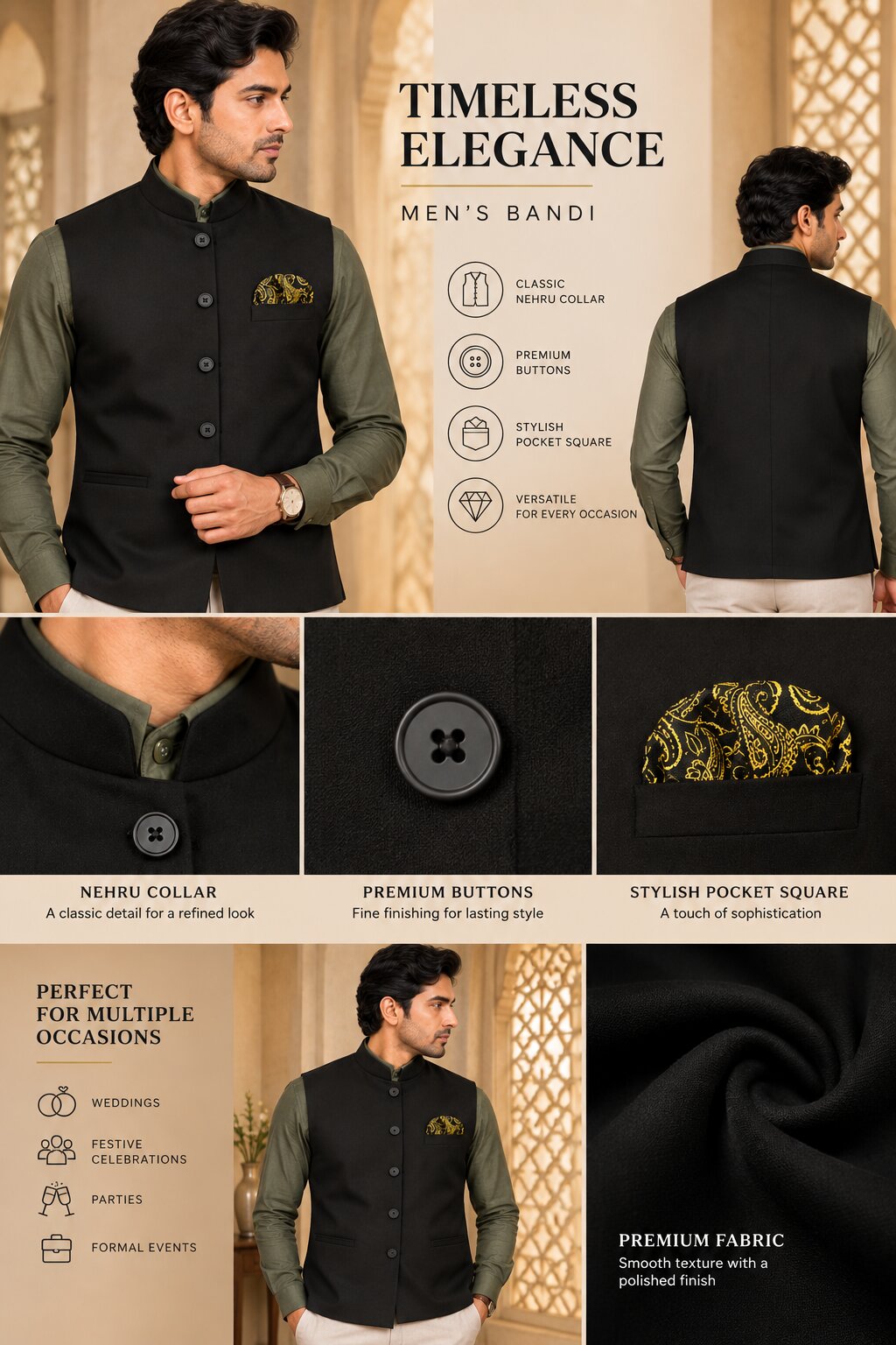 Men’s Black Solid Nehru Jacket Bundi