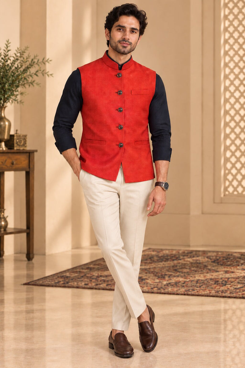 Men’s Red Solid Textured Nehru Jacket Bundi
