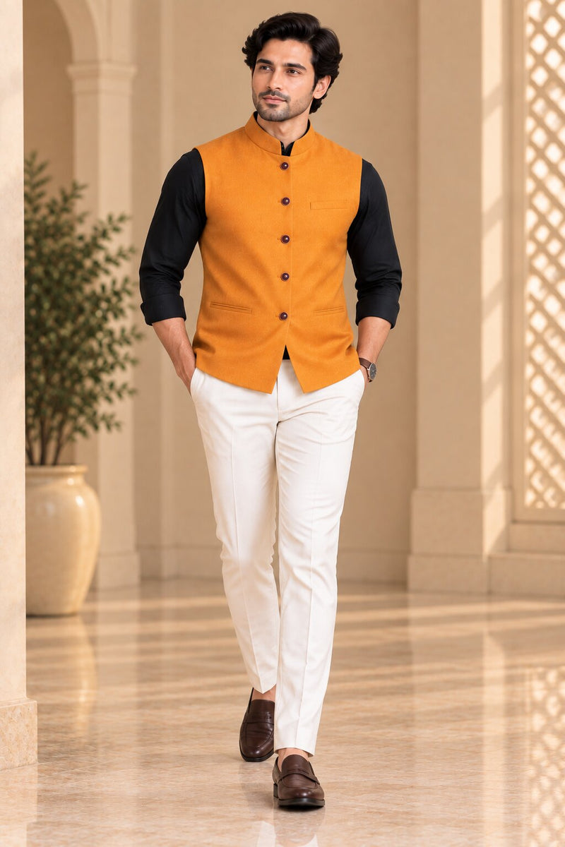 Men’s Orange Solid Nehru Jacket Bundi