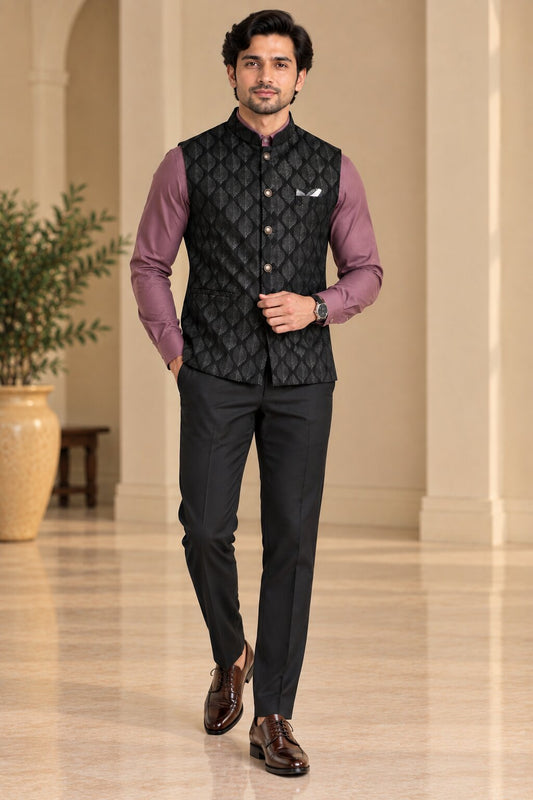 Men’s Black Printed Nehru Jacket Bundi