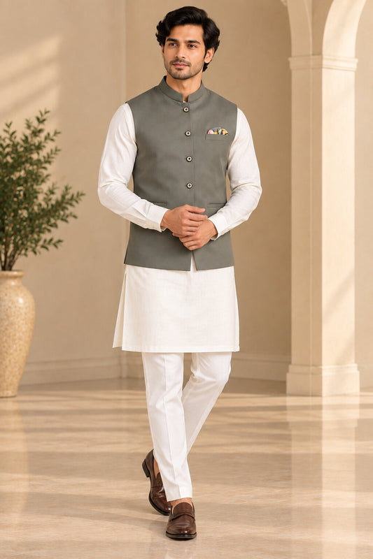 Men’s Mehndi Green Solid Nehru Jacket Bundi