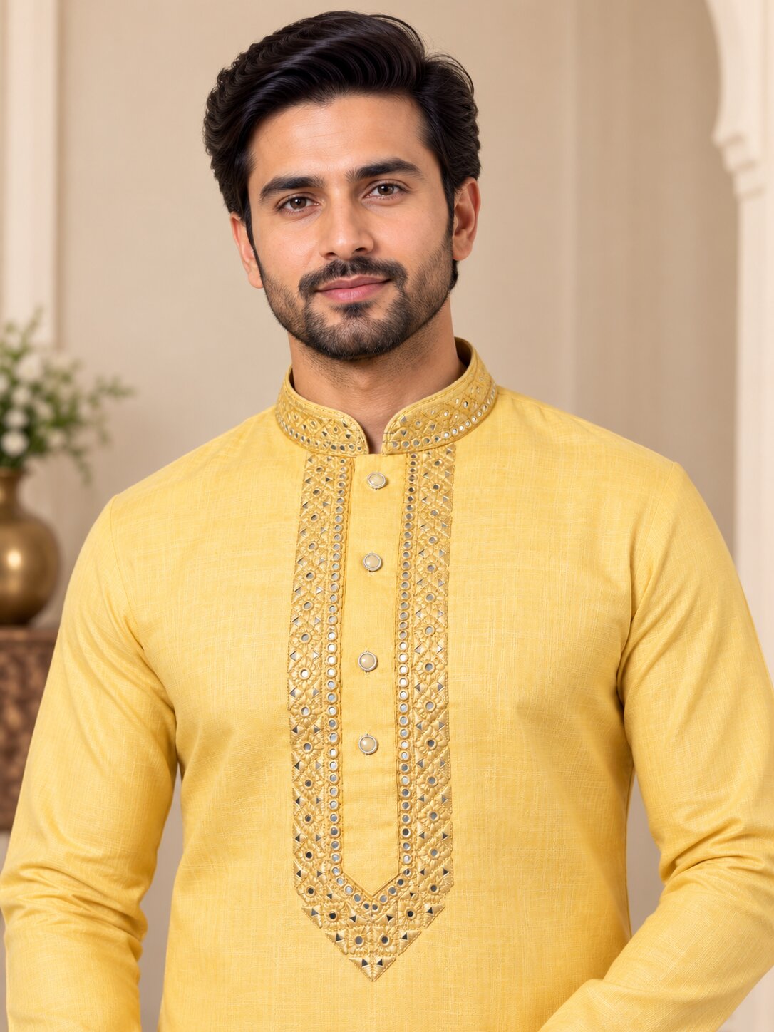 Men's Lemon Embroidered Kurta Pyjama Set
