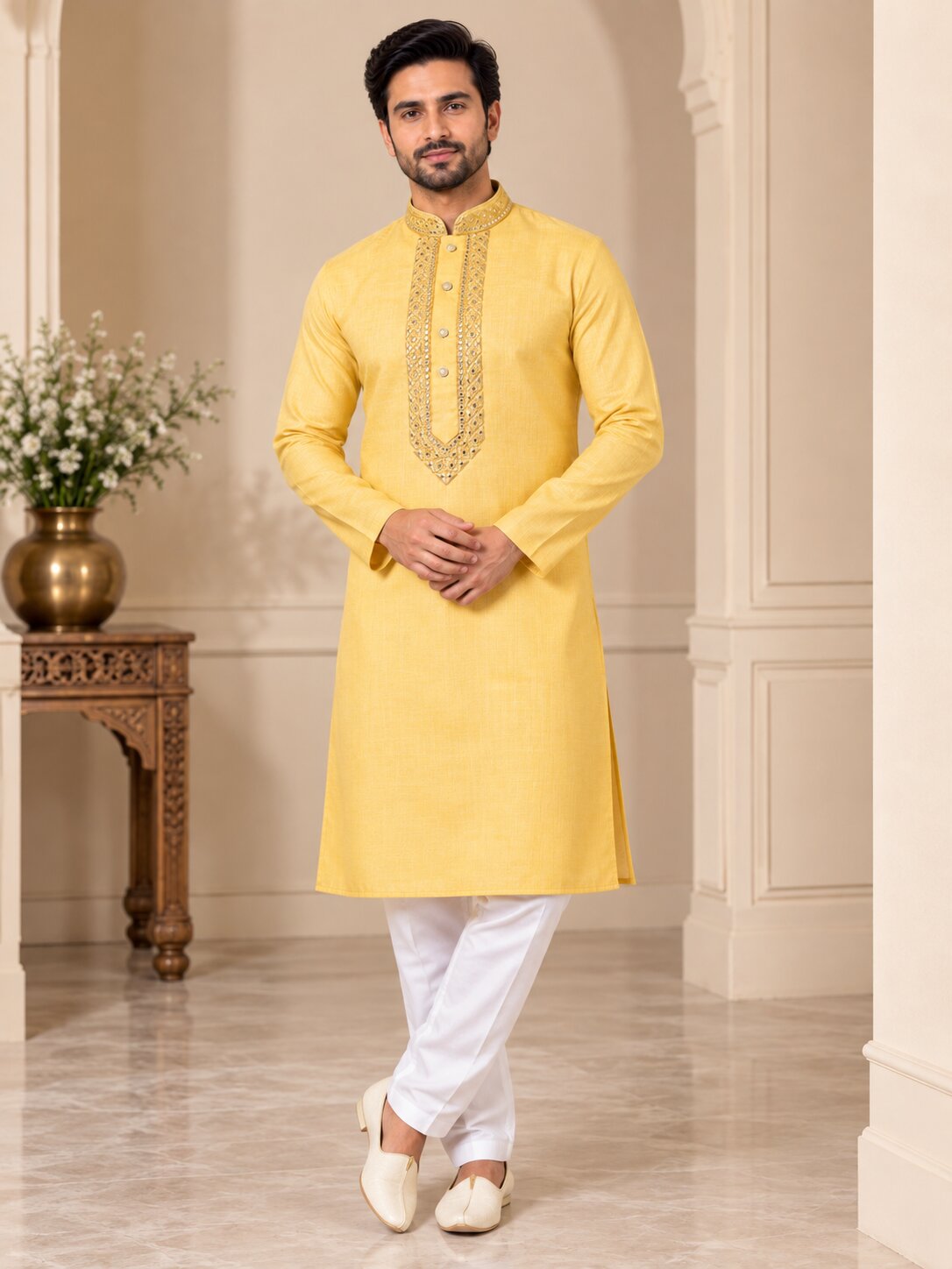 Men's Lemon Embroidered Kurta Pyjama Set