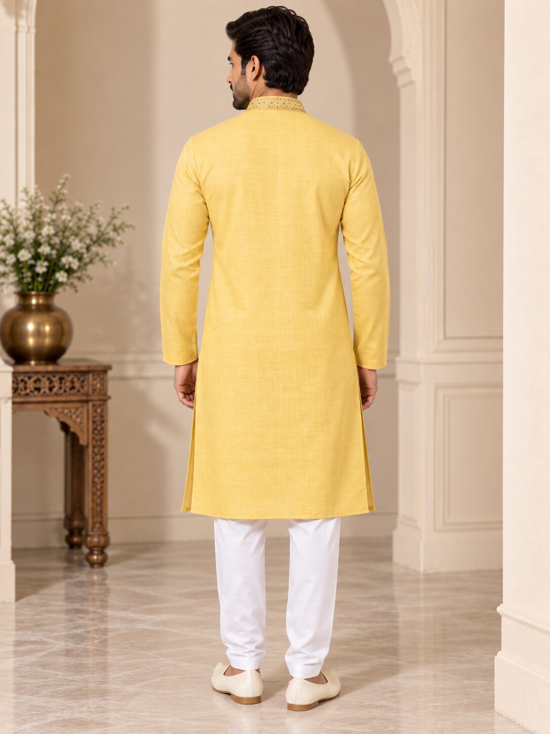 Men's Lemon Embroidered Kurta Pyjama Set