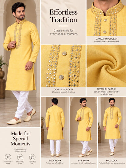 Men's Lemon Embroidered Kurta Pyjama Set