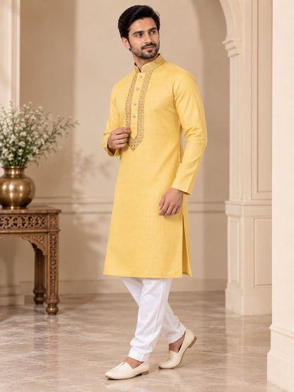 Men's Lemon Embroidered Kurta Pyjama Set