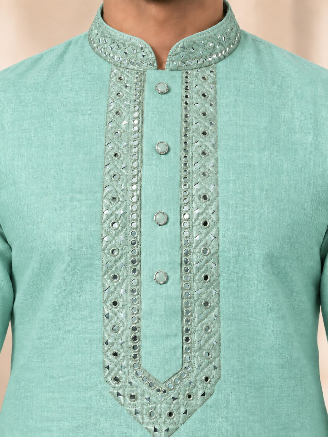 Men's Sea Green Embroidered Ethnic Kurta Pyjama Set