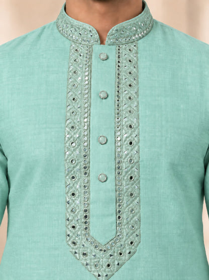 Men's Sea Green Embroidered Ethnic Kurta Pyjama Set