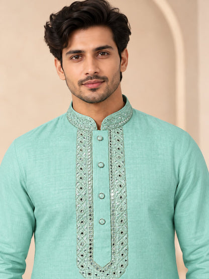 Men's Sea Green Embroidered Ethnic Kurta Pyjama Set