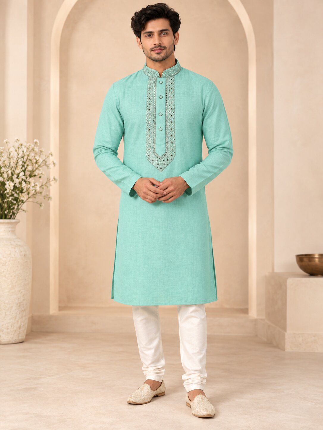 Men's Sea Green Embroidered Ethnic Kurta Pyjama Set