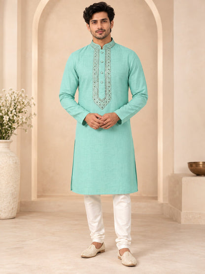 Men's Sea Green Embroidered Ethnic Kurta Pyjama Set
