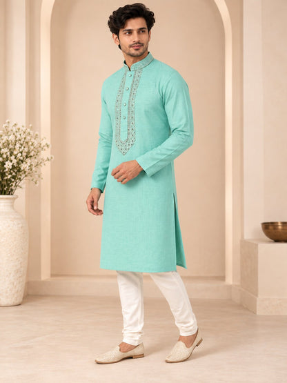Men's Sea Green Embroidered Ethnic Kurta Pyjama Set