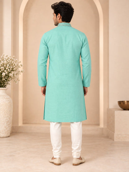 Men's Sea Green Embroidered Ethnic Kurta Pyjama Set