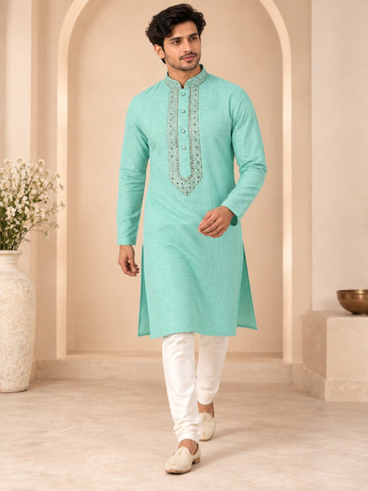 Men's Sea Green Embroidered Ethnic Kurta Pyjama Set